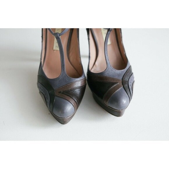 Pura Lopez Grey Brown Patchwork T Strap Sexy All Leather High Heels 36 - Picture 3 of 8